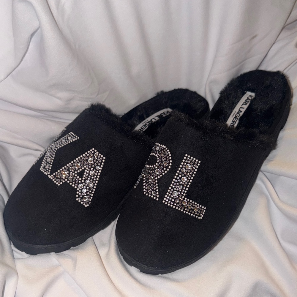 Karl Lagerfeld Black Slippers with Rhinestones